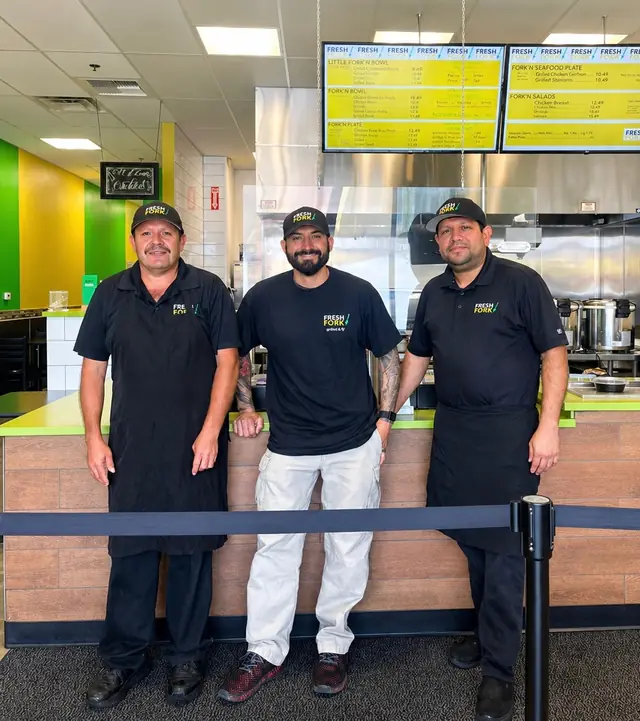 The Fresh Fork Grill kitchen team at the Ceres, California counter, led by head chef Jesus Martinez